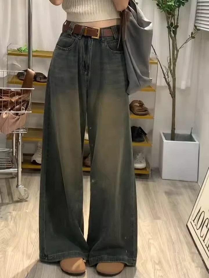 concert outfit Plus Size American High Street Wide Leg Jeans Women's Retro Draping Slimming Loose High Waist Straight Mop Pants