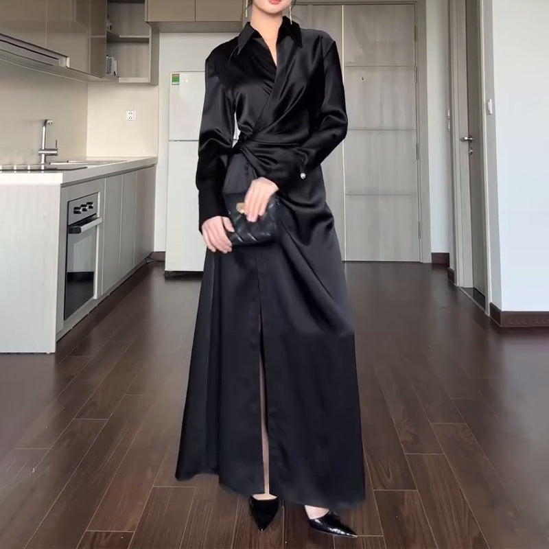 black sweater dress outfit Women's Autumn Solid Color Lapel Elegant Lace-up Slim Fit Dress Women