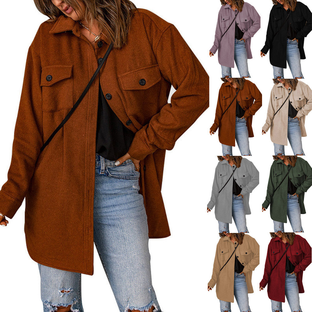Corduroy Coat for Women Winter New Solid Color Single-Breasted Casual Lapel Woolen Coat for Women