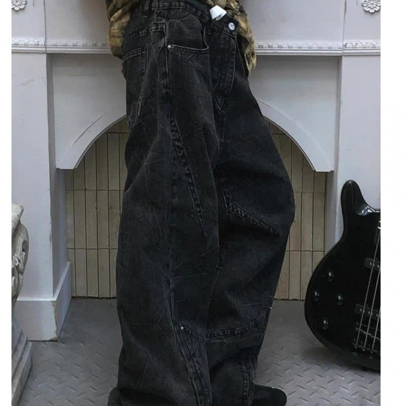 grunge dti American Retro Structural Design Split Workwear Jeans Men's and Women's Early Autumn Waste Soil Style Street Hot Girl Wide Leg Trousers
