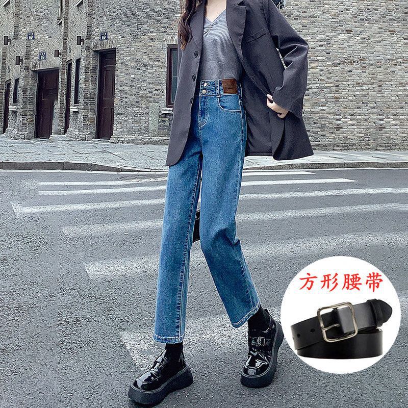 fashion outfits Jeans High Waist Women's Summer Retro Straight Autumn Elastic Double Buckle Cropped Small Pipe Pants Fashion