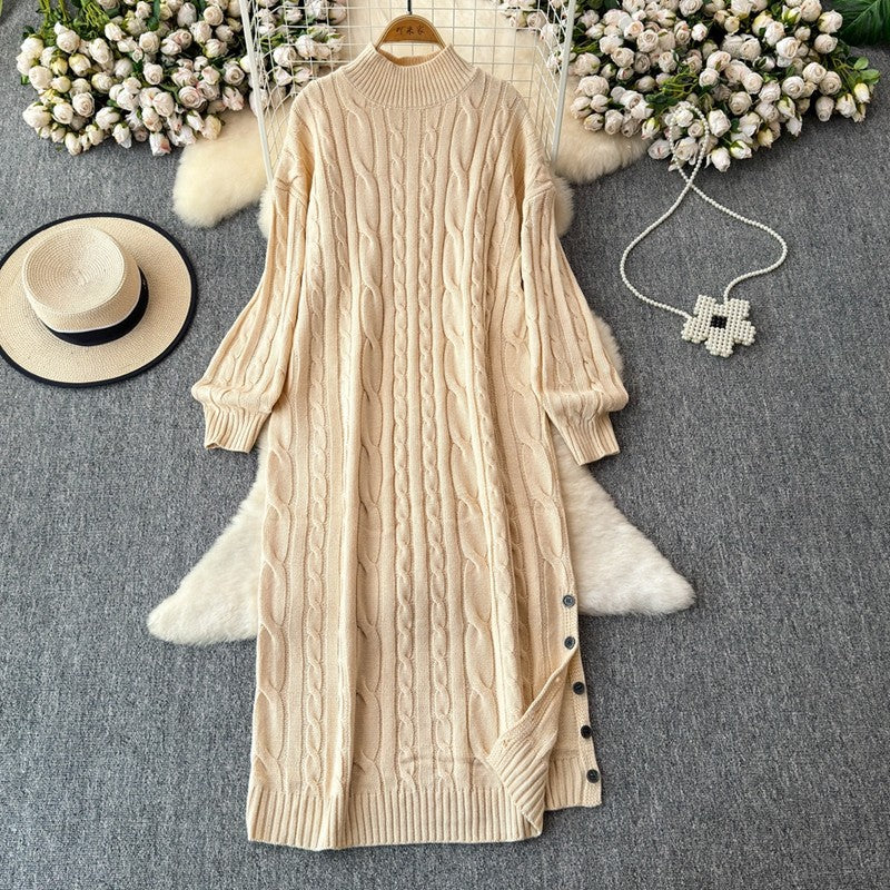 long sweater dress outfit Autumn and Winter Korean Style Loose Lazy Style Mid-Length Knitted Dress Women's Half Turtleneck Twist Sweater Skirt Fashion