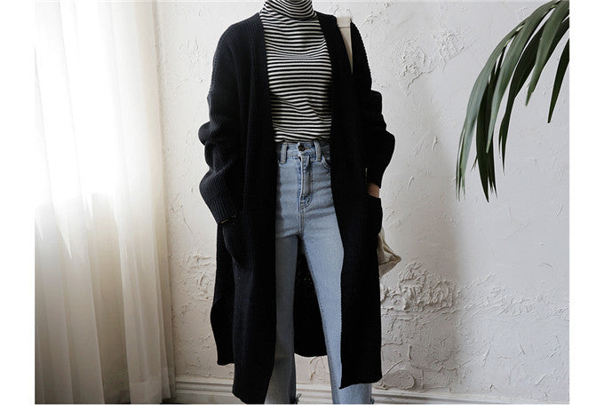 fall outfits Retro Mid-Length Curling Solid Color Lazy Loose Knitted Long-Sleeved Sweater Coat for Women