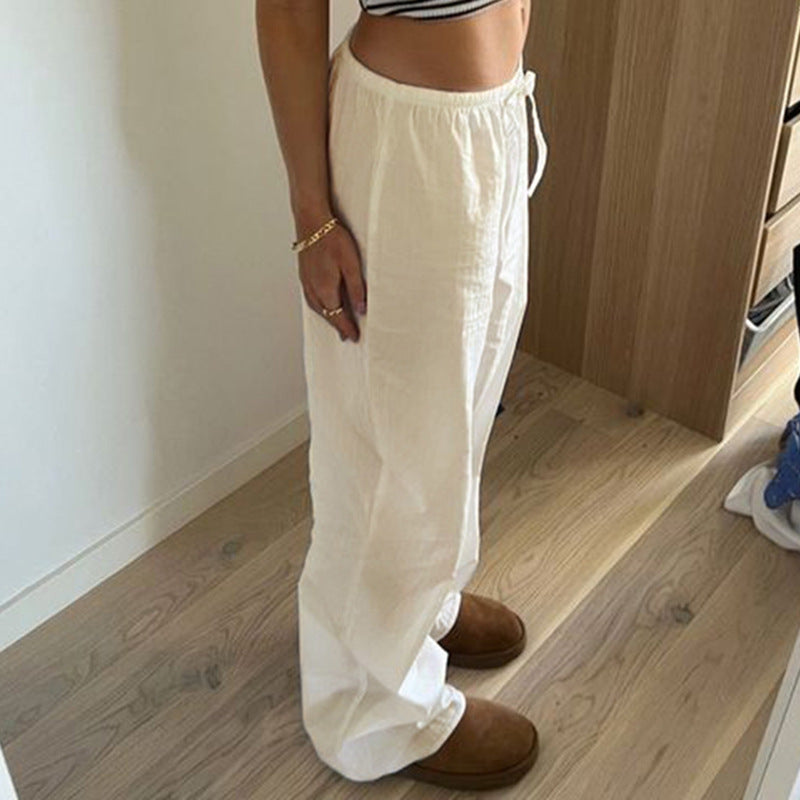 Bxoxo Cotton Linen White Pants Basic Drawstring Low Waist Wide Leg Pants Casual Y2K Clothes For Summer Trousers