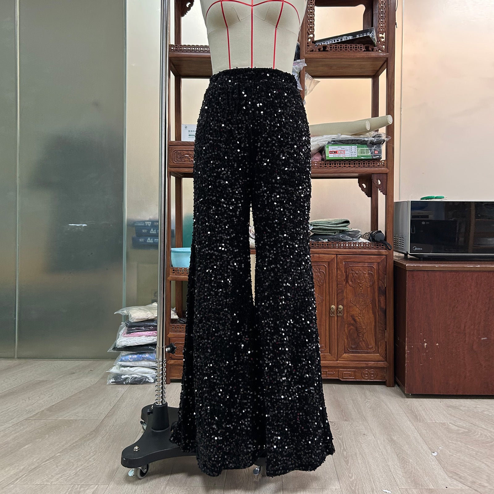 Summer High Waist Slimming Trousers Women Solid Color Sequins Fashion Casual Wide Leg Pants Women