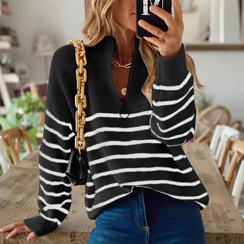 fashion outfits Sweater Turtleneck Autumn and Winter New Striped Color Matching Long Sleeve Women's Top Zipper Pullover Sweater