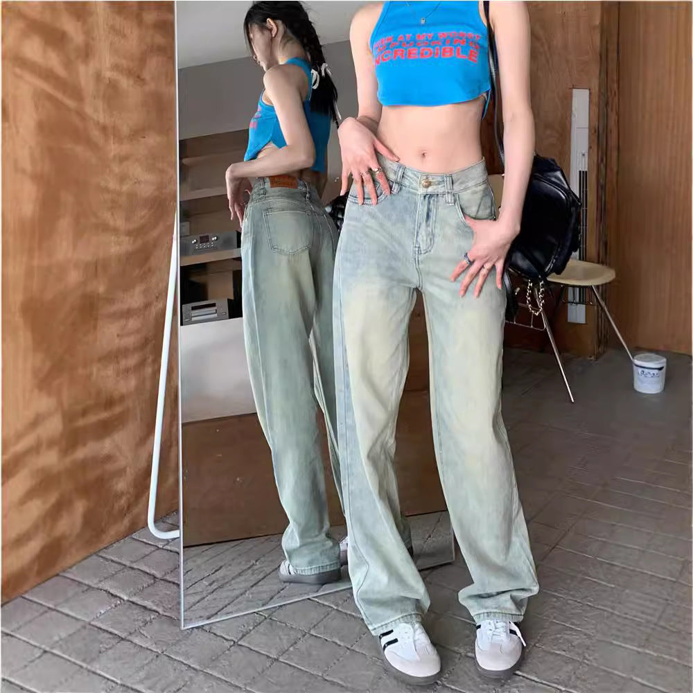 outfit inspo fall Light Blue Jeans High Waist Mopping Pants Women's Summer American Retro Loose Wide Leg Pants Straight Pants Drape Pants