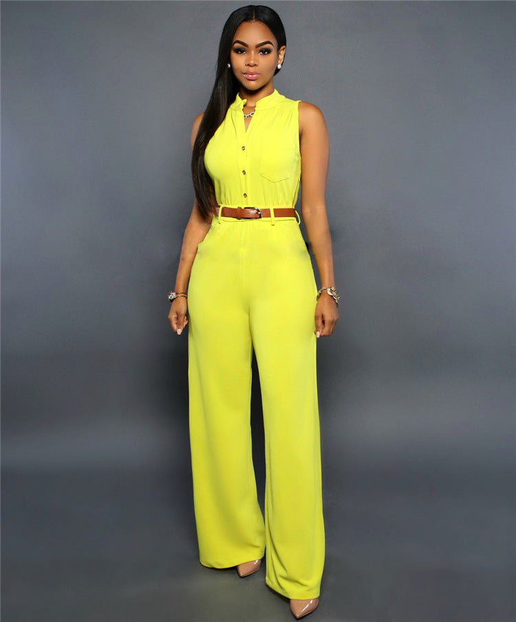 business casual Sexy Stand Collar Women's Jumpsuit Single-Breasted High Waist Hip Lifting Wide Leg Pants with Belt