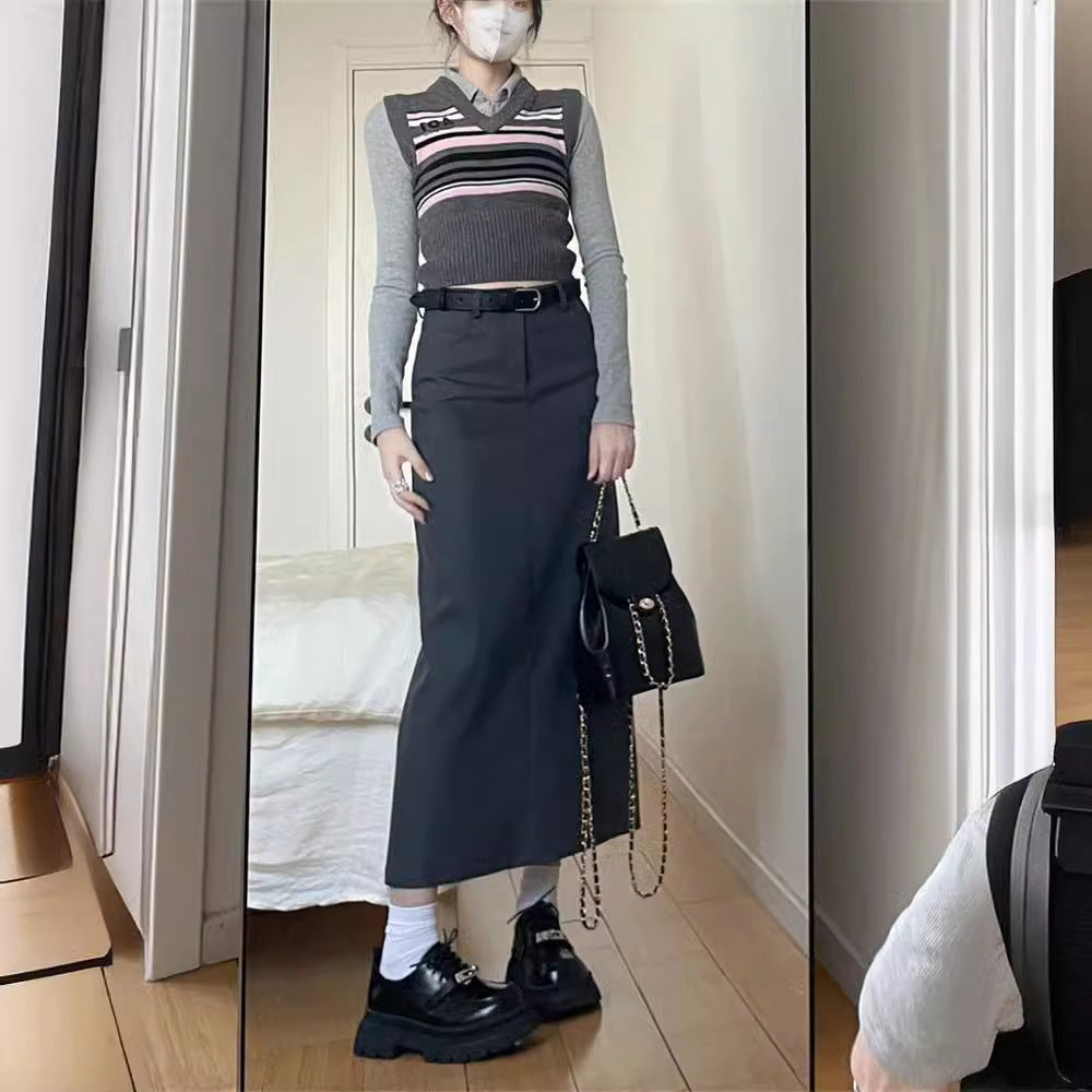 business casual outfits Plus Size Chubby Girl High-Grade Gray Skirt Women's New High Waist Suit Skirt Loose Slimming Mid-Length A- line Skirt