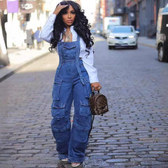 grunge outfits 2024 New Fashion Women's Loose Denim Suspender Pants Summer Street High Waist Multi-Pocket One-Piece Trousers