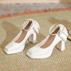 shoes Square Toe Chunky Heel Mary Jane Waterproof Platform High-Grade Bow Wedding Shoes Single-Layer Shoes Bridesmaid Shoes Buckle Women