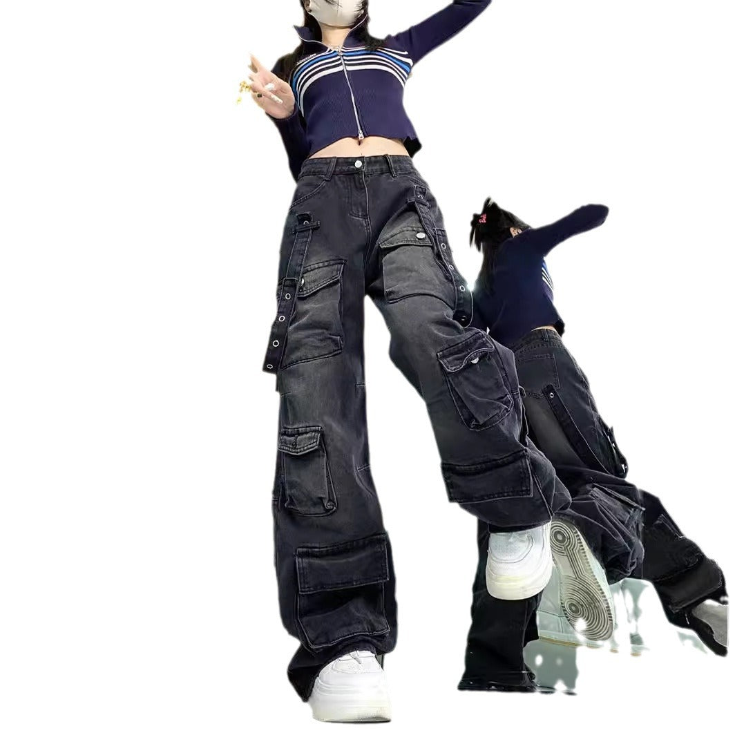fashion outfits Multi-Pocket Workwear Jeans Wide Leg Loose Niche Washed Distressed Pants