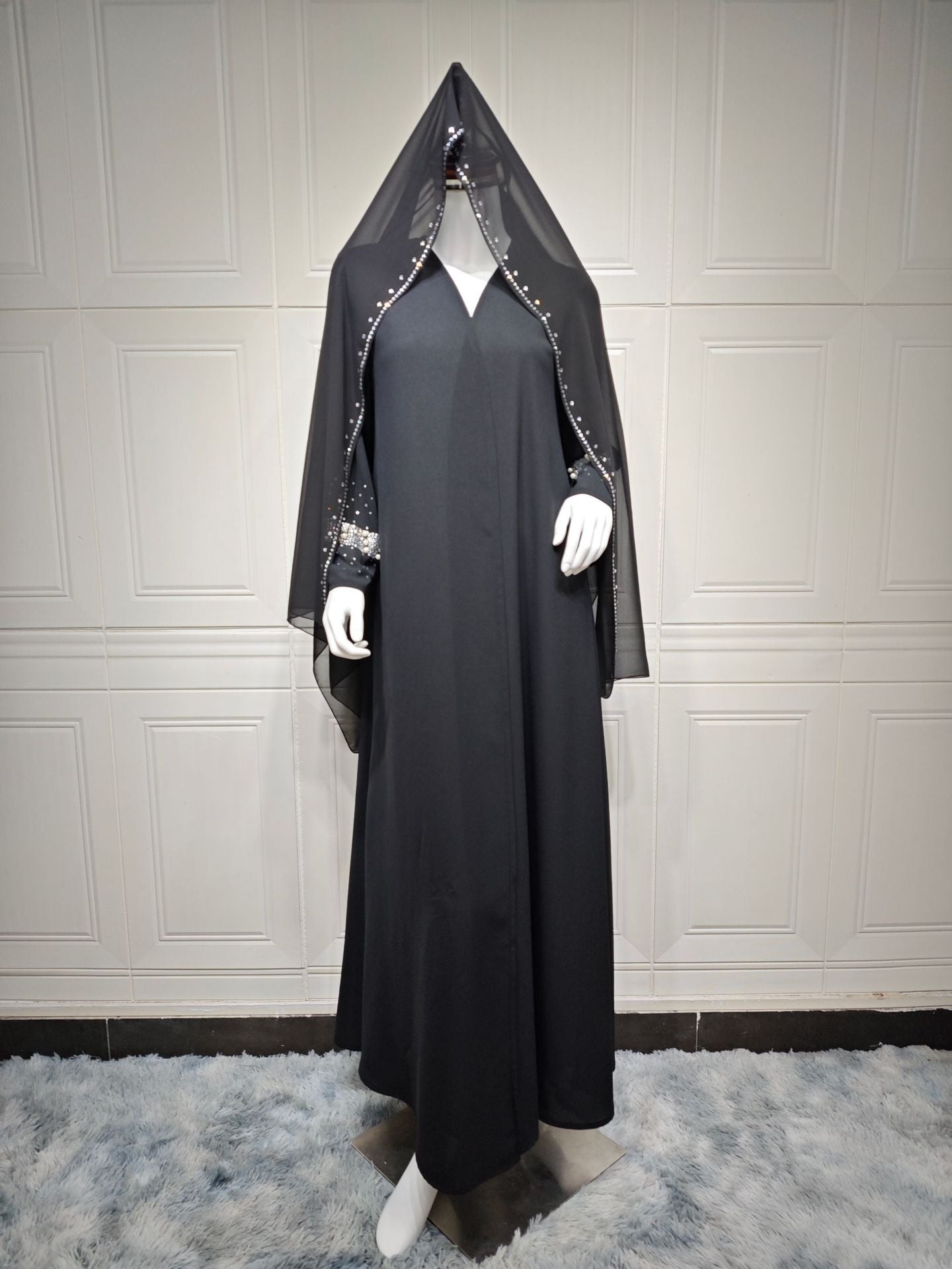 dress to impress outfits Women's Long Dress Dubai Rhinestone Bubble Bead Cardigan Robe Middle East Dress with Headscarf
