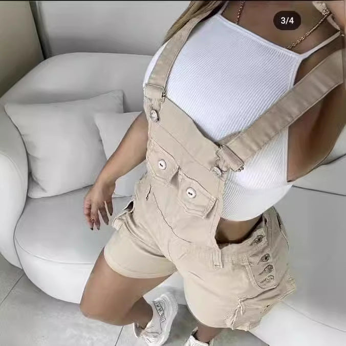 joker costume female outfit Women's New Summer Fashion Sexy Slim Solid Color Overalls with Pockets Shorts One-Piece Suspender Pants