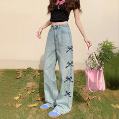 outfit ideas for school Street Korean Style Washed High Waist Side Vertical Bow Loose Wide Leg Jeans Trousers