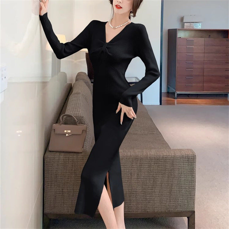 outfit inspo Autumn and Winter Retro French Temperament Dress Women's Design Bow Inner Base Split Sheath Sweater Dress