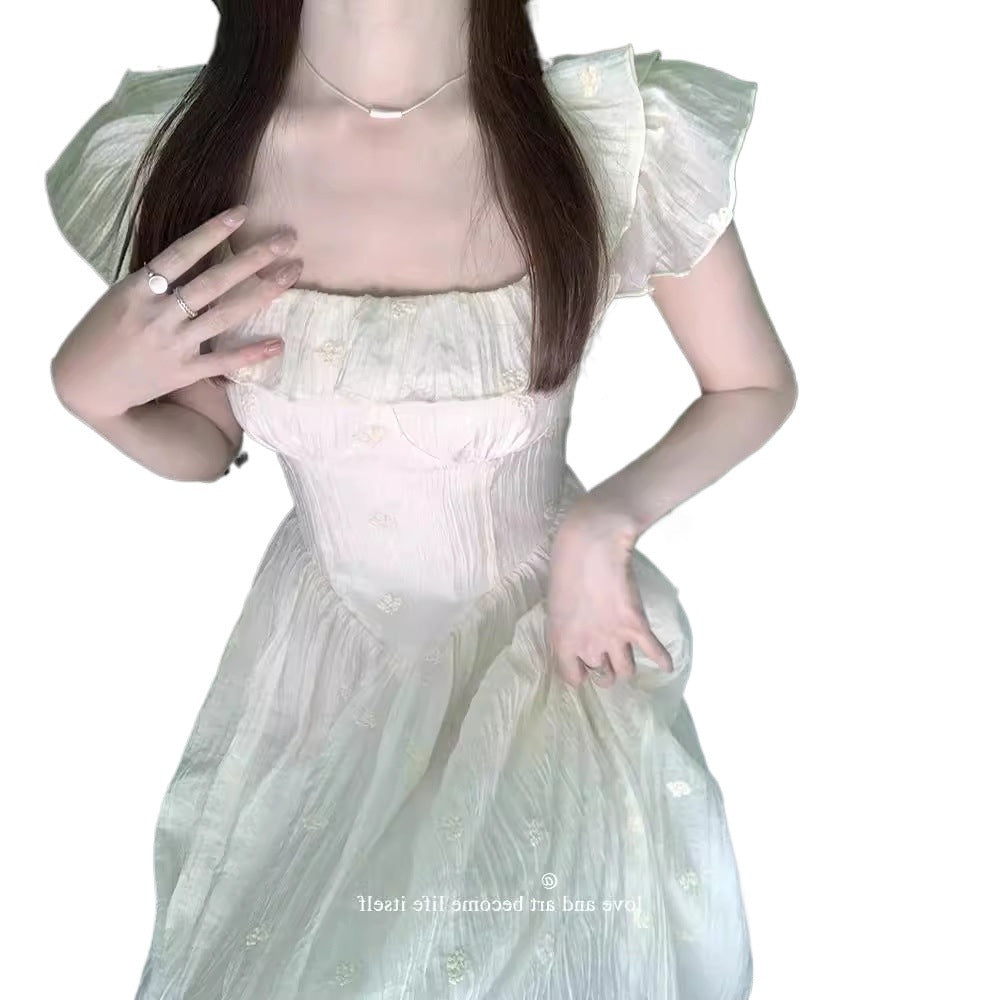 maternity French Heavy-Duty Embroidery Floral Ruffled Square Collar Dress Women's Summer Waist Slimming Holiday Temperament Long Skirt