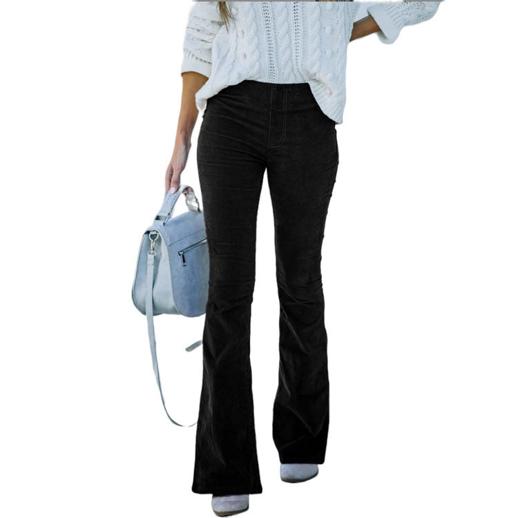 fall fits 2024 Spring and Summer Women's Solid Color High Waist Slim Micro Flared Pants Corduroy Elastic Waist Casual Pants