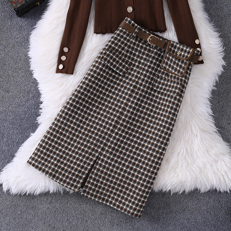 fall outfits Autumn Women's round Neck Knitted Slim Top Plaid with Belt Skirt Casual Suit