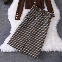 fall outfits Autumn Women's round Neck Knitted Slim Top Plaid with Belt Skirt Casual Suit