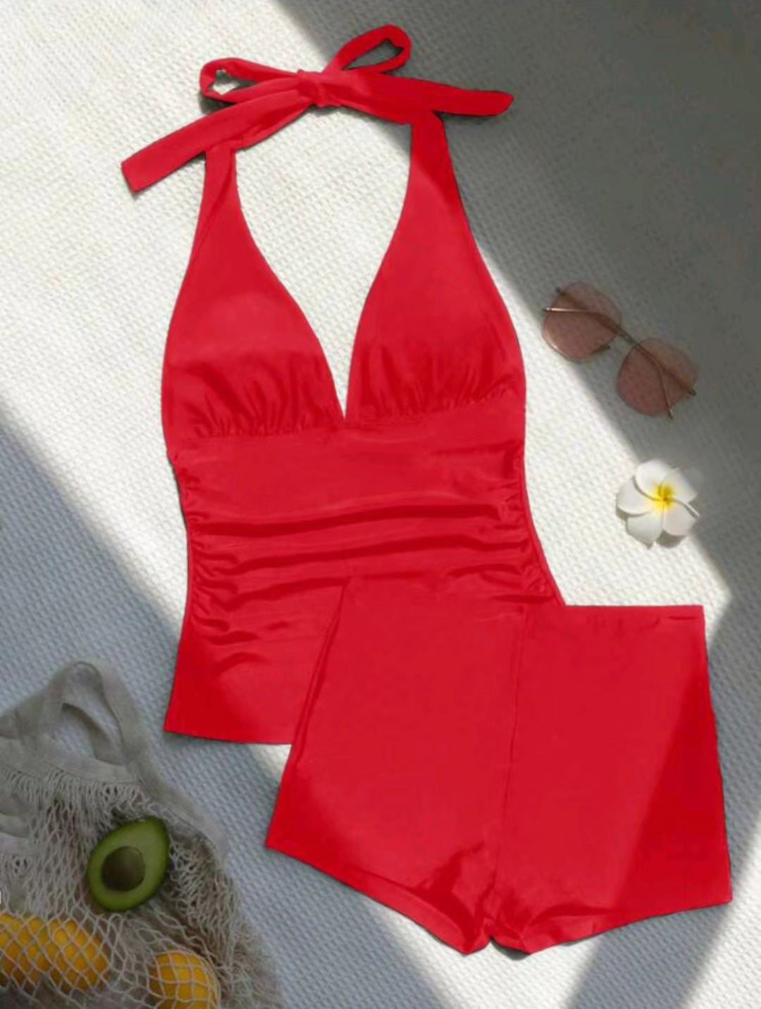 2000s fashion Swimsuit Solid Color Split High Waist Boxers Halter Backless Tankini Swimsuit