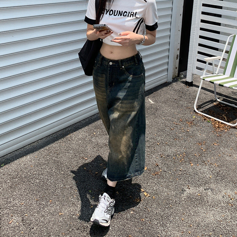 2000s fashion Wide Leg Denim Middle Pants Women's New Retro High Waist Loose Slimming Street Cropped Pants