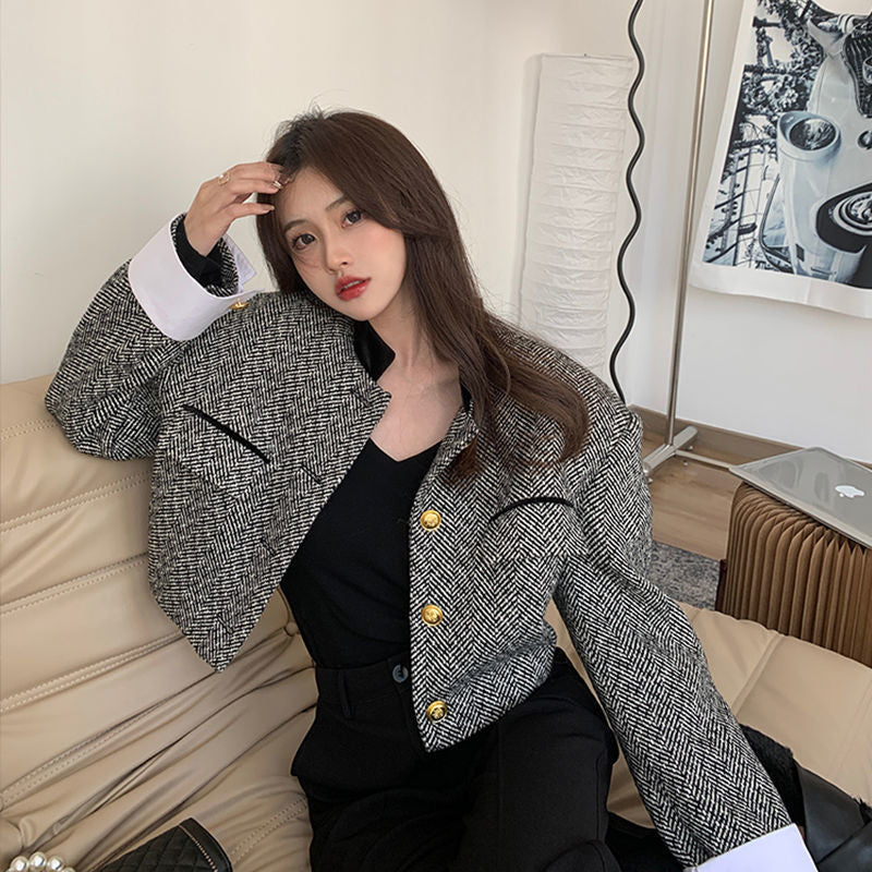 joker costume female outfit Black and White Contrast Color Stand Collar French Retro Equestrian Clothing Women's Clothing Spring and Autumn Short Suit Jacket