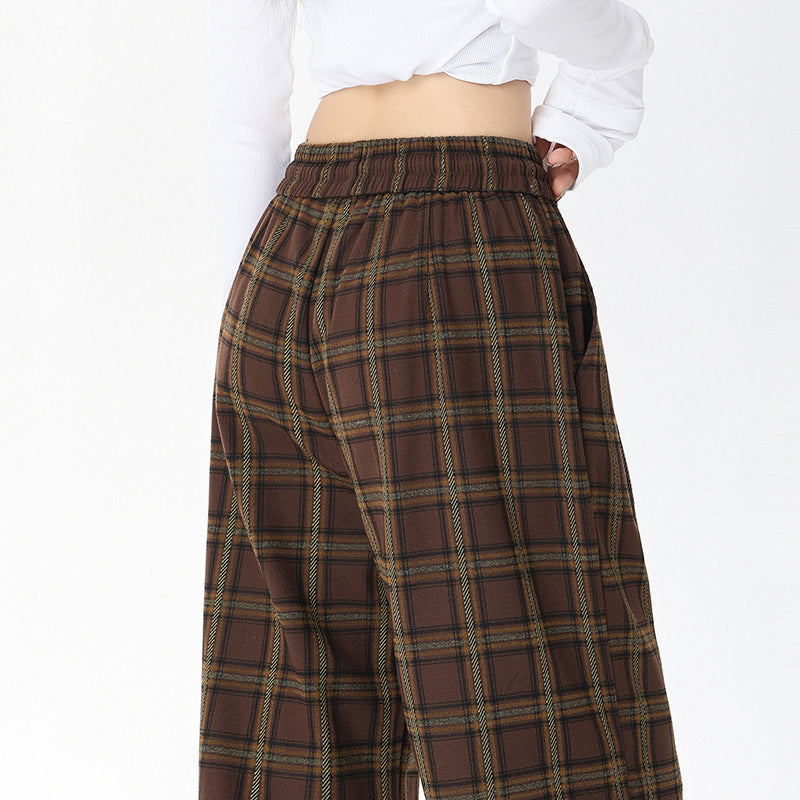 dream clothes Lazy Plaid Wide-Leg Casual Pants for Women Autumn High Waist Slimming Drawstring Fashionable Straight Pants