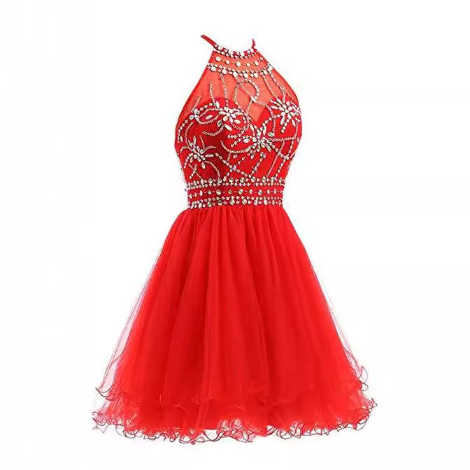 dresses Slim-Fit Small Dress Halter Short Bridal Wedding Dress Banquet Evening Dress Lace New Red Women