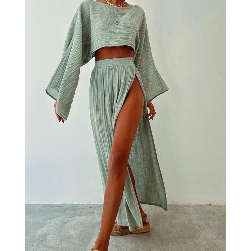 outfit ideas Leisure Vacation Linen Blend Short Top High Waist Chic Slit Cotton Linen Casual Two-Piece Set Suit
