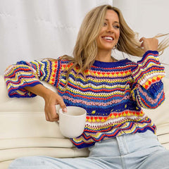 birkenstock clogs outfit fall Autumn and Winter New Striped Sweater Women's round Neck Long Sleeve Stitching Loose Pullover Sweater