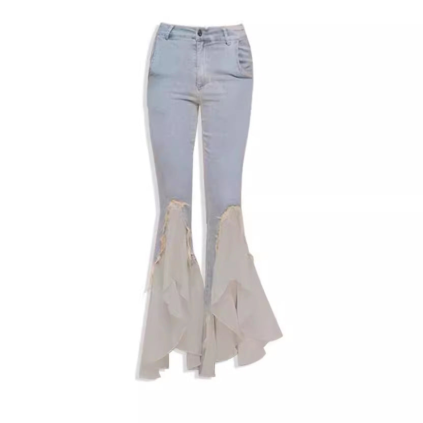 fall trends 2024 outfits Light-Colored Mesh Stitching Split Skinny Jeans for Women Spring and Autumn New Elastic Slim Slimming Flared Pants