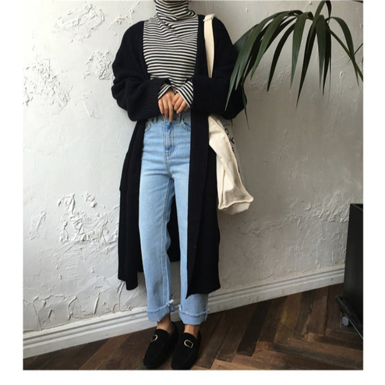 fall outfits Retro Mid-Length Curling Solid Color Lazy Loose Knitted Long-Sleeved Sweater Coat for Women