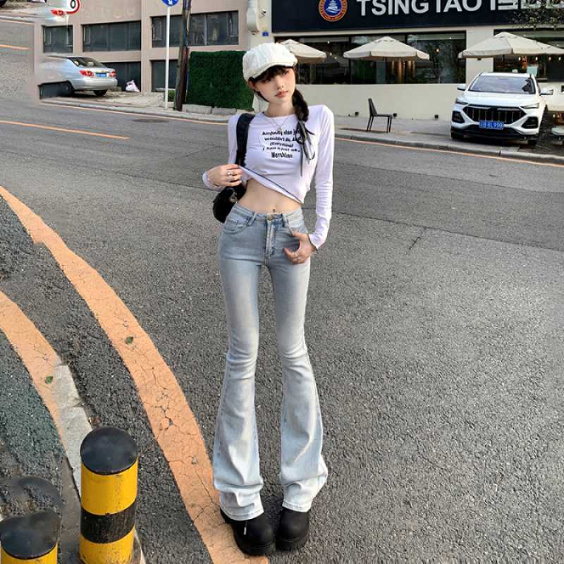datenight fall outfits Multi-Color Retro High Waist Slim-Fit Stretch Flared Jeans Women's Cropped Trousers Lengthened