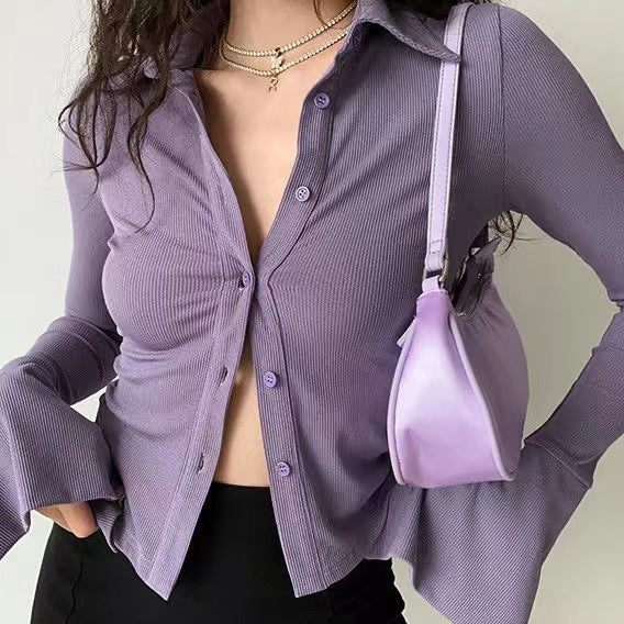 2000s fashion Five-Color All-Match Polo Lapel Bell Sleeve Shirt Women's American-Style Slim-Fit Stretch Long-Sleeved Shirt