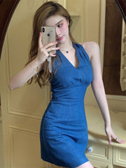 90s fashion New Hong Kong Style Retro V-neck Sleeveless Backless Halter Small Denim Dress Fashion