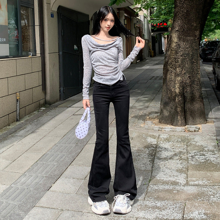 fall outfits women Autumn New Hot Girl Low Waist Flared Pants Mopping Pants Slim Slimming Small Jeans Horseshoe Pants for Women