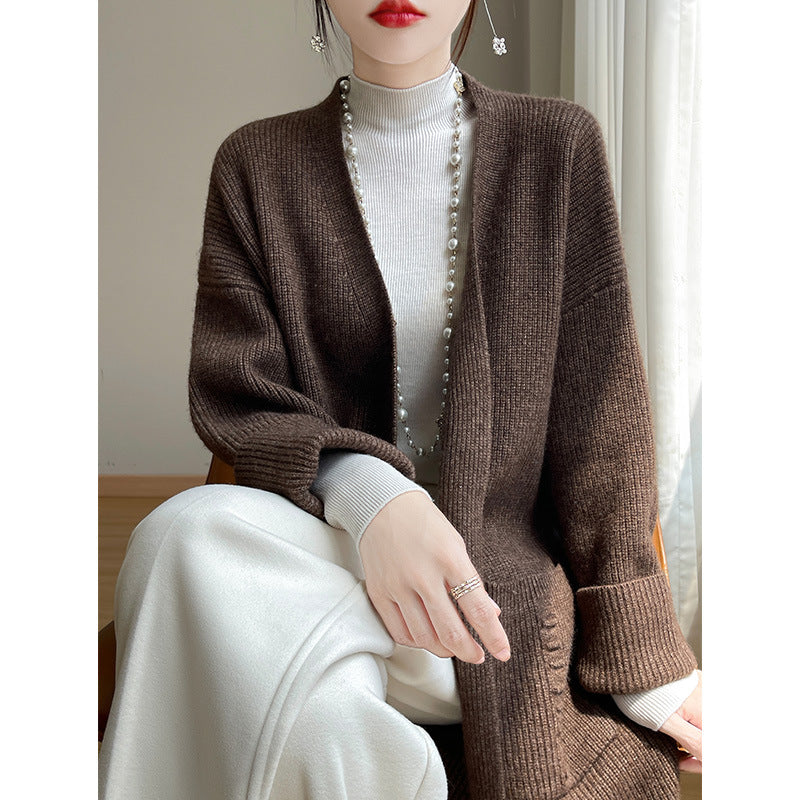 black sweater dress outfit Korean Style Loose Lazy Style Pure Wool Cardigan Women's V-neck Mid-Length Thickened Coat with Pocket Cashmere Coat