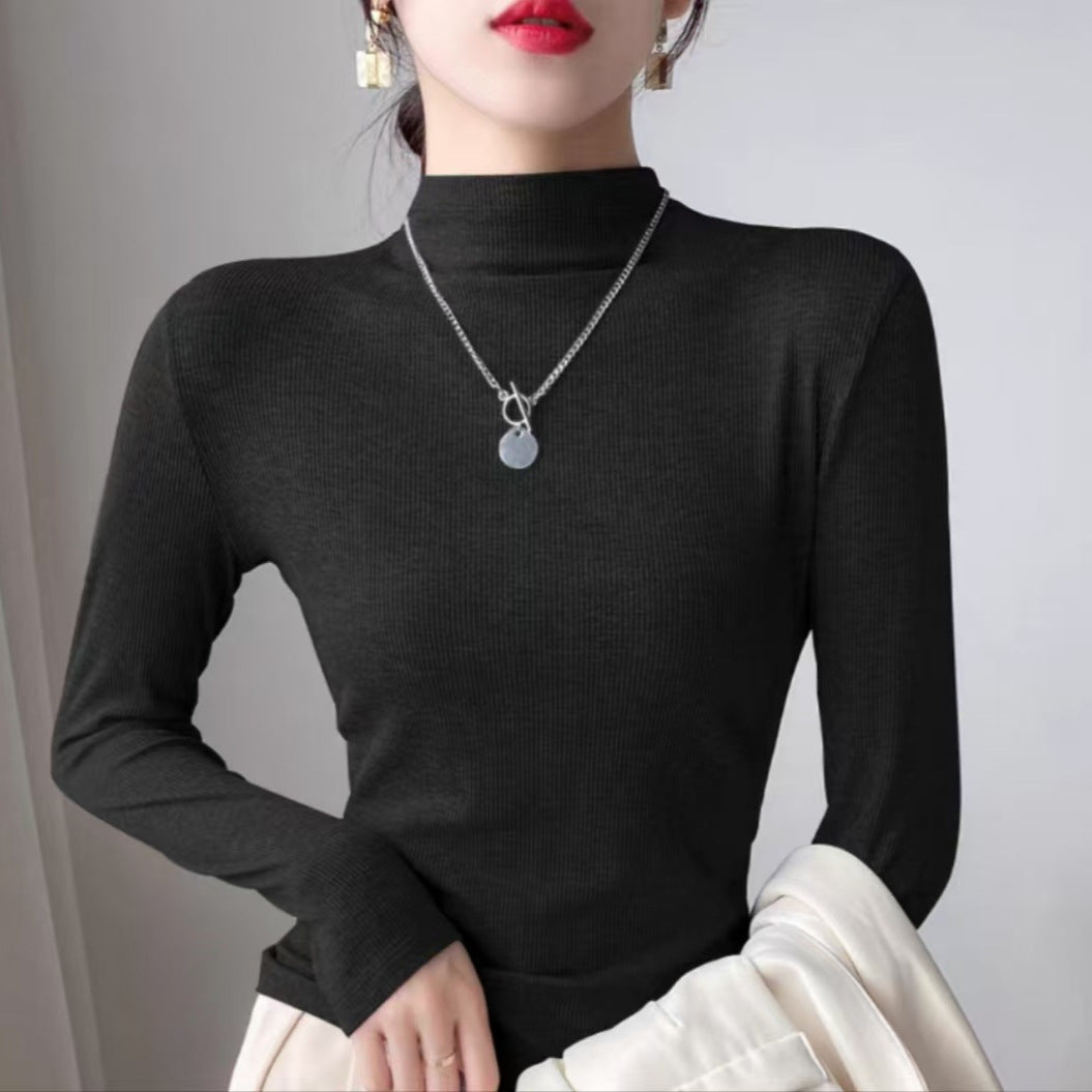 outfit inspo Deep Flower Gray Long-Sleeved T-shirt Women's Autumn and Winter Half Turtleneck Bottoming Shirt Inner Slim Thread Knitted Top 2024 New
