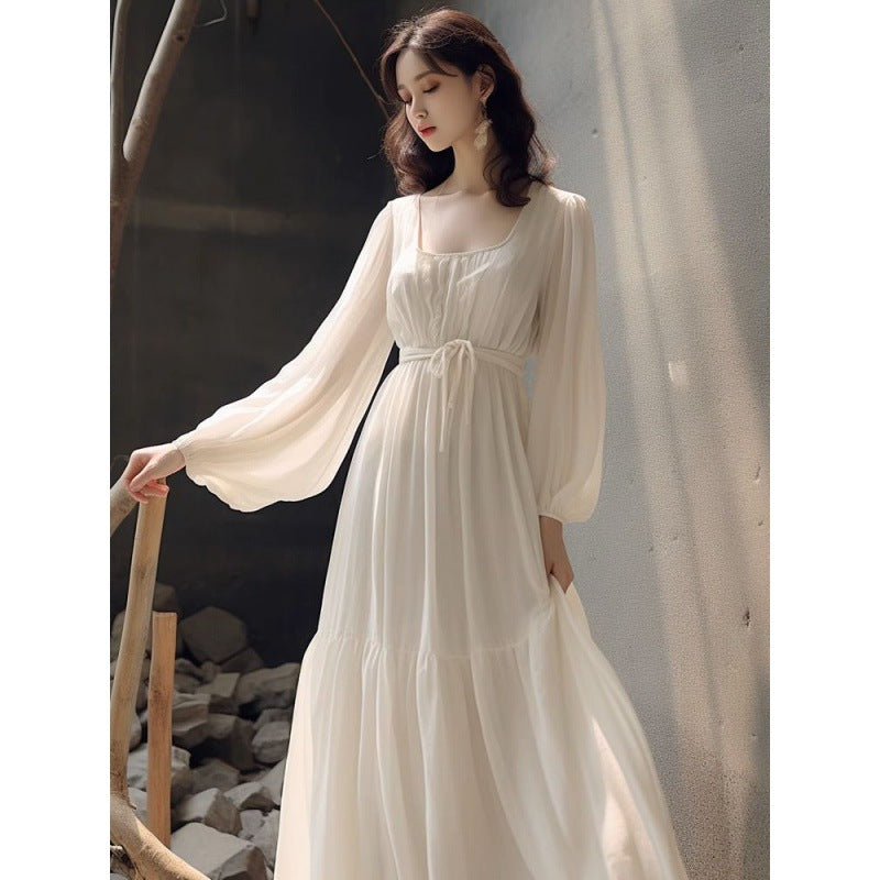 combo dress White Chiffon Long Sleeve Dress Spring Unique Super Nice Waist French Princess Dress Long Dress