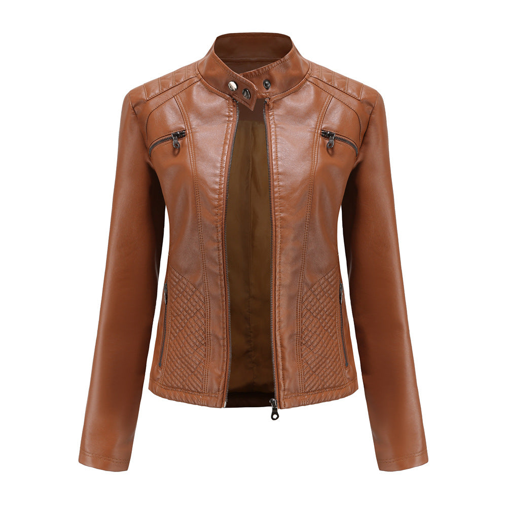 2000s fashion New Women's Casual Leather Jacket Stand Collar Jacket Slim Coat Women's Spring and Autumn Solid Color Women's Leather Jacket