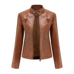 2000s fashion New Women's Casual Leather Jacket Stand Collar Jacket Slim Coat Women's Spring and Autumn Solid Color Women's Leather Jacket