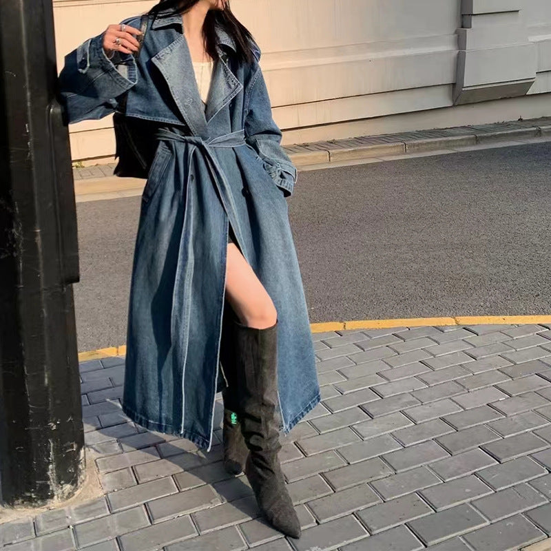 2000s fashion Street Fashion Autumn New Fashion Retro Loose Profile Lace-up Denim Trench Coat for Women