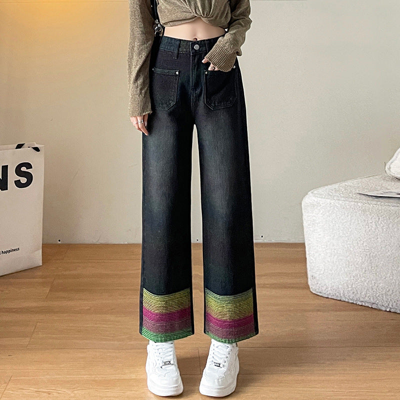 2000s fashion Women's Wide-Leg Jeans Fall New High Waist Versatile Slimming Loose Contrast Color Cropped Straight Pants