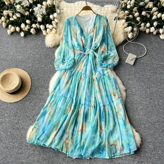 android vs cyberborg dress to impress French Elegant Elegant Dress Women's High-Grade Lantern Sleeve Waist Slimming V-neck Printed Ruffled Dress