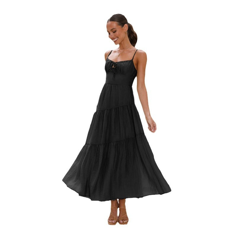 church outfit Women's Stitching Strap Long Backless Lace-up Large Swing Dress with Lining