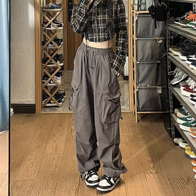 tomboy outfit Spring Drawstring Ankle-Tied Men's Japanese Retro Loose Large Pocket Straight Overalls Wide Leg Pants Simple All-Match