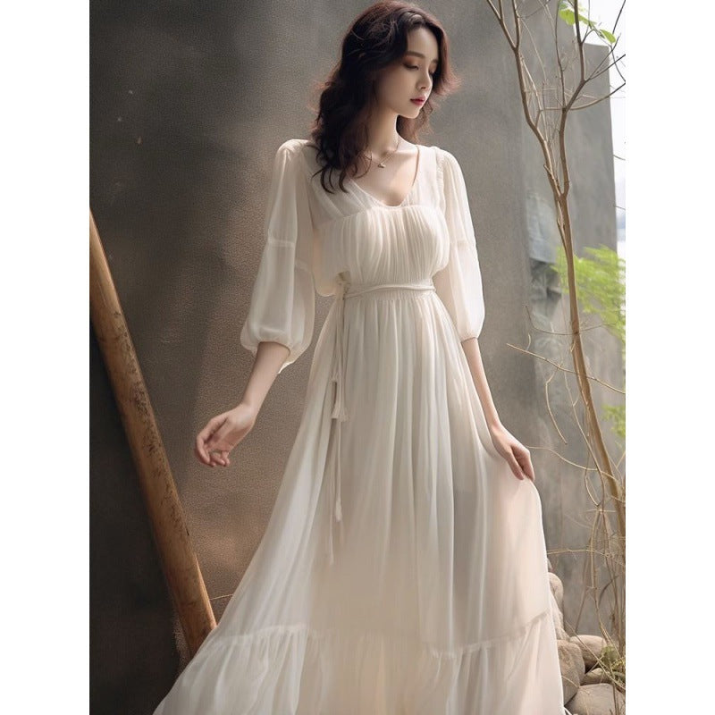 combo dress White Chiffon Long Sleeve Dress Spring Unique Super Nice Waist French Princess Dress Long Dress