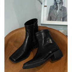 barn jacket outfits Cowhide Thin Boots Soft Bottom Comfortable Walking Boots Minimalist Commuter Versatile Square Toe Chunky Heel Ankle Boots High Heel Ankle Boots for Women