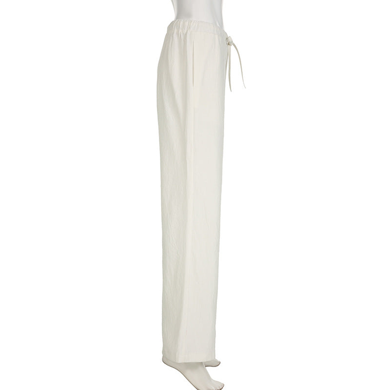 Bxoxo Cotton Linen White Pants Basic Drawstring Low Waist Wide Leg Pants Casual Y2K Clothes For Summer Trousers